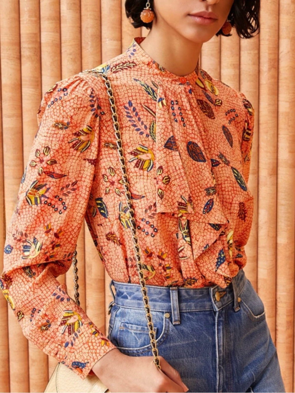 Ulla Johnson Ashlyn Ruffled Printed 100% Silk Crepe Blouse Orange Boho - Size 6